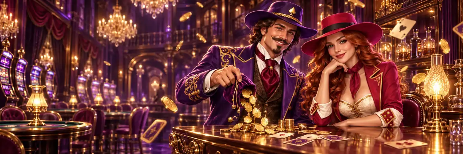 Gambler pouring gold coins onto a polished bar while the red-haired dealer rests beside him under chandeliers