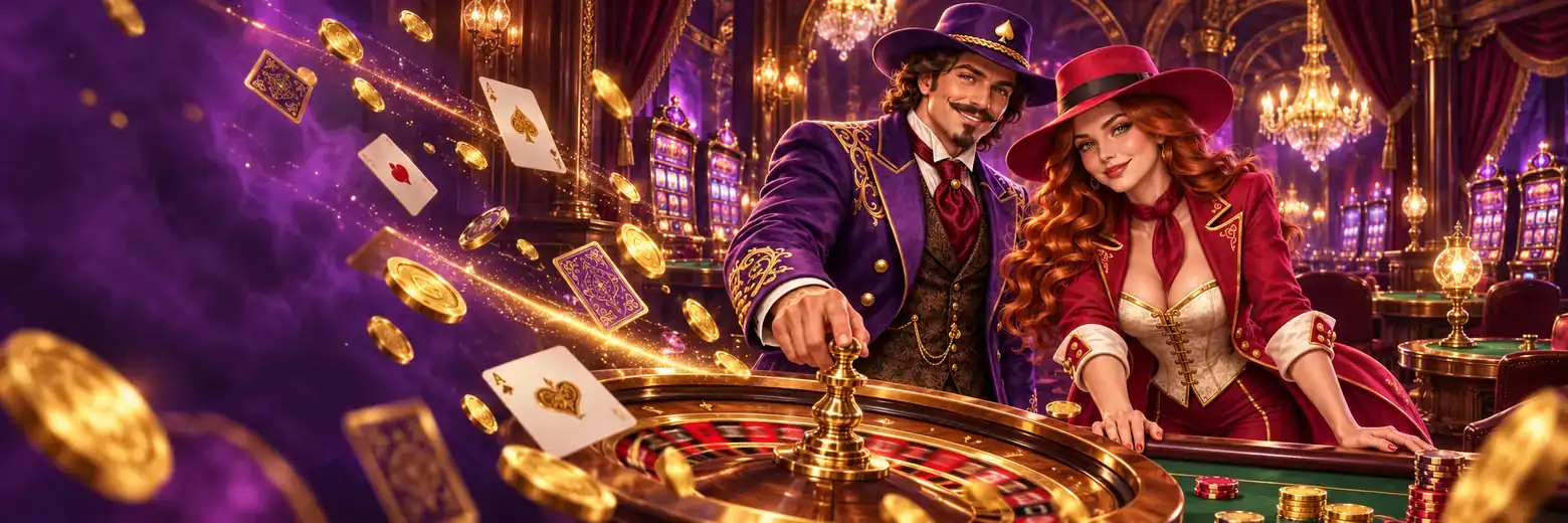 Gambler spinning a gilded roulette wheel while the dealer leans over the green baize in a violet casino hall