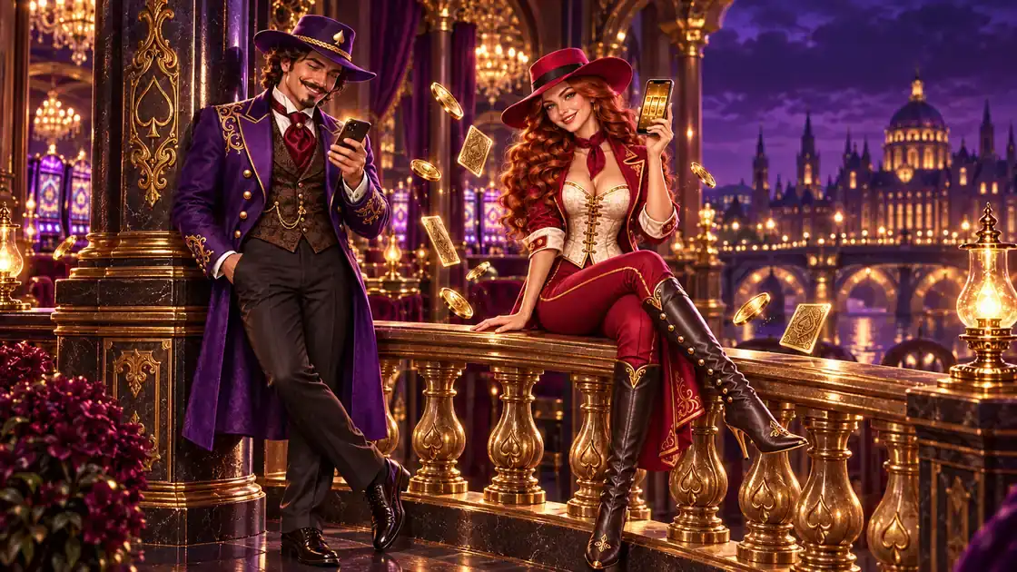 Dealer on a gilded balcony holding up a phone with glowing reels while the gambler checks his own phone