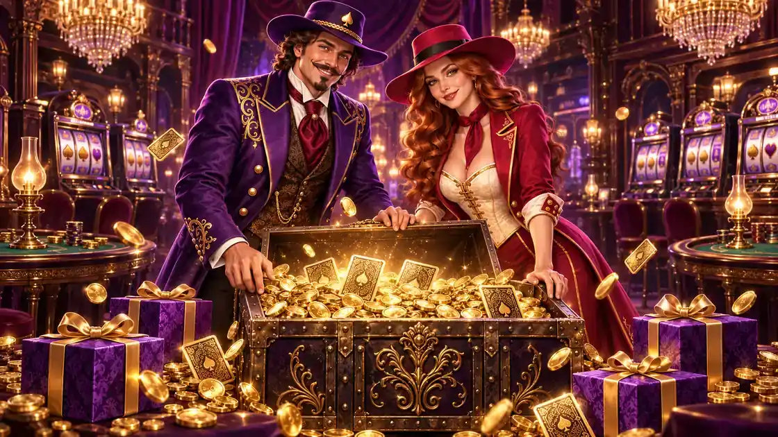 Gambler and dealer opening an iron-banded chest filled with gold coins and cards beside violet gift boxes