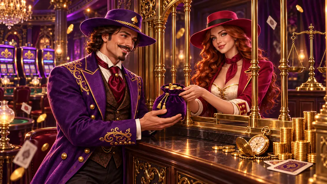 Dealer handing a violet velvet pouch of gold coins through a brass cashier window to the gambler