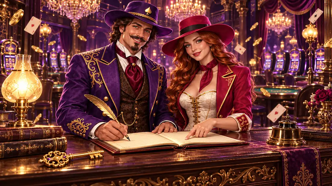 Gambler signing a leather ledger with a gold quill while the dealer points at the open page beside a large gold key