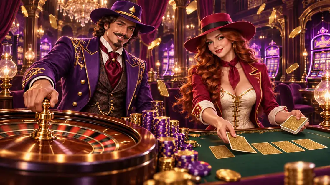 Gambler spinning a gilded roulette wheel while the dealer lays gold-backed cards across green baize