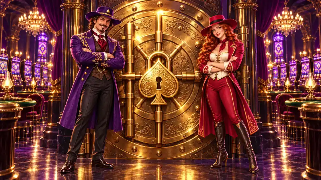 Gambler and dealer standing either side of a round gold vault door sealed by a spade-shaped padlock