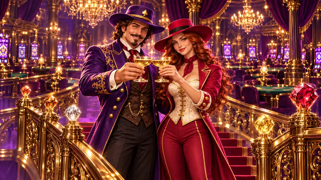 Gambler and dealer raising glasses at the top of a red carpeted staircase lined with five glowing gemstones